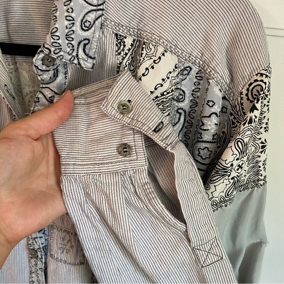 Free People Paisley Patchwork Oversized Button Up Shirt, Blue & White Floral Top - Picture 5 of 11
